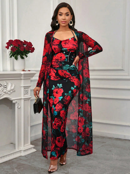 Floral Print Cami Bodycon Dress & Open Front Coat Two Pieces 2 Pieces Set