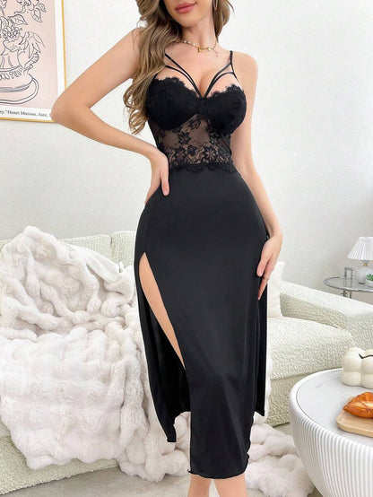 Sexy Lace Patchwork Slit Women Nightgown