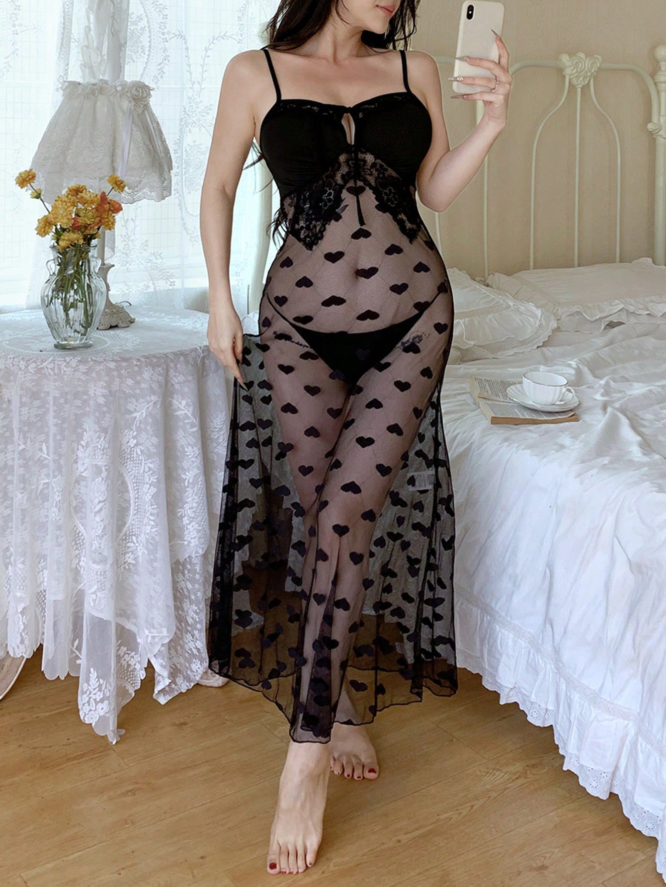 Heart Mesh See-Through Sexy Nightgown For Women