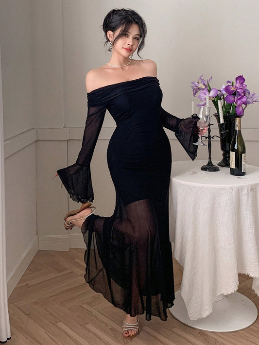Sheer Mesh Patchwork Off-Shoulder Flare Sleeve Sexy Bodycon Mermaid Midi Dress For Women