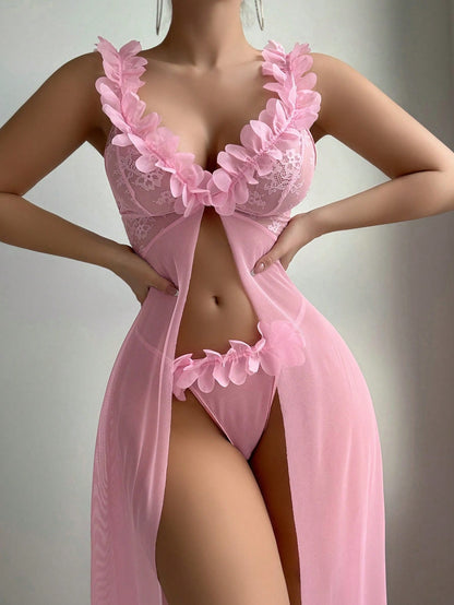 2pcs Set: Sexy & Mesh Floral Wedding Long Nightgown With Front Hook Closure & High Slit + G-String Erotic Lingerie Dress