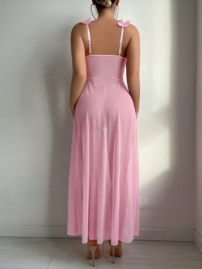 2pcs Set: Sexy & Mesh Floral Wedding Long Nightgown With Front Hook Closure & High Slit + G-String Erotic Lingerie Dress