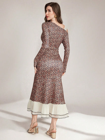 Modelyn Leopard Print Patchwork Bow Decor Long Sleeve Casual Midi Dress