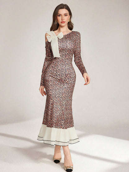 Modelyn Leopard Print Patchwork Bow Decor Long Sleeve Casual Midi Dress