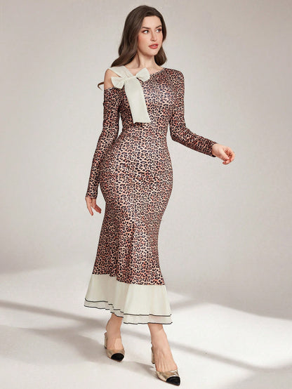 Modelyn Leopard Print Patchwork Bow Decor Long Sleeve Casual Midi Dress