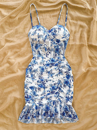 Vacation Blue & White Printed Pattern Mesh Knitted Elastane Tight Fitting Ruched Hem Mini Dress