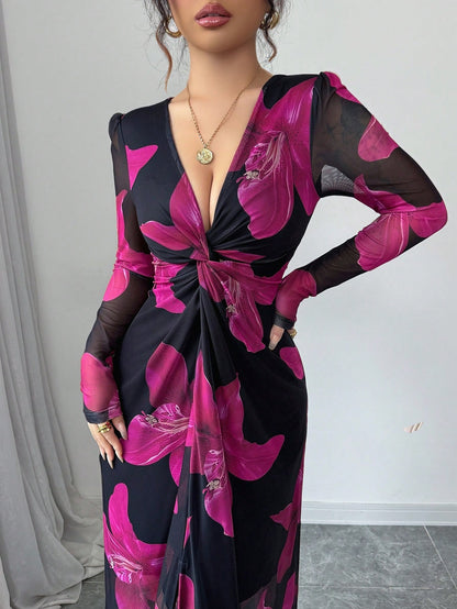 Rafferiza Romantic Mesh Floral Print Twist Front High Slit Cinched Waist V-Neck Bodycon Dress