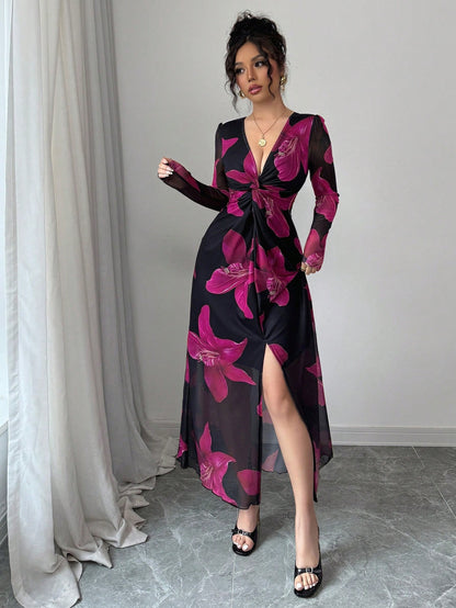 Rafferiza Romantic Mesh Floral Print Twist Front High Slit Cinched Waist V-Neck Bodycon Dress