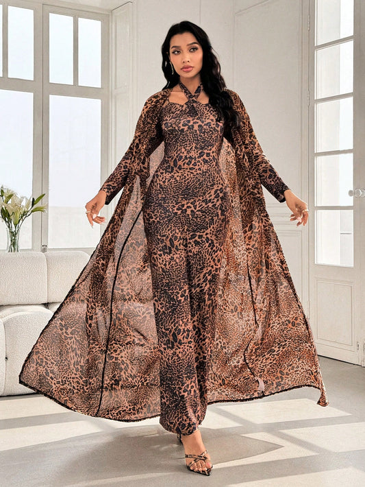 Modelyn Leopard Floral Print Loose Lantern Sleeve Chiffon Dress, Luxurious 2 Pieces Set For Women SKU: sz2412169867204262