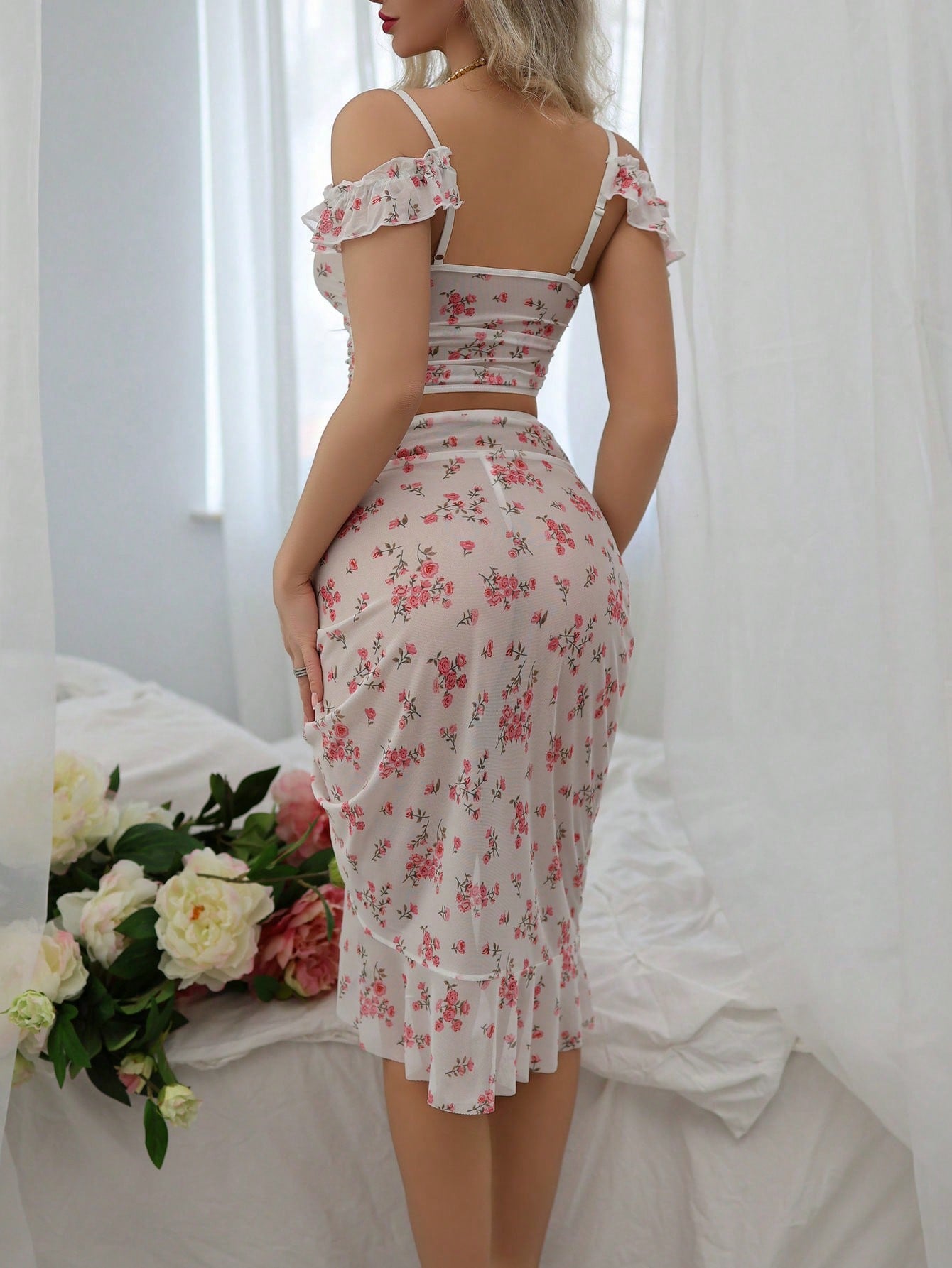 Romantic Floral Ruffle Trim Bloused Top+ Drawstring Ruffle Waist Skirt
