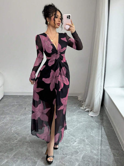 Rafferiza Romantic Mesh Floral Print Twist Front High Slit Cinched Waist V-Neck Bodycon Dress