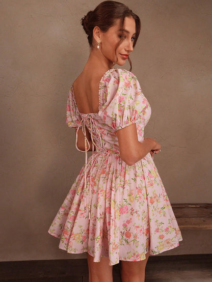 Women's French Square Neckline Ditsy Floral Waist Cinched Puff Sleeve Summer Dress