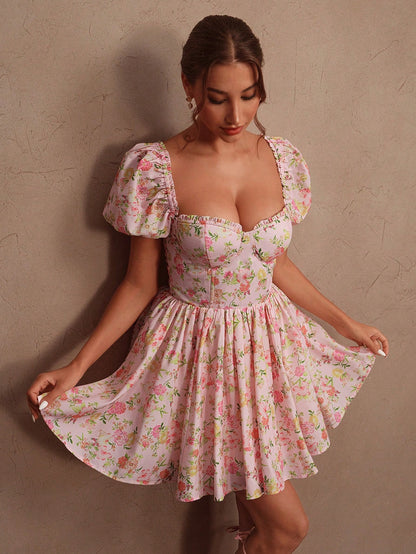 Women's French Square Neckline Ditsy Floral Waist Cinched Puff Sleeve Summer Dress