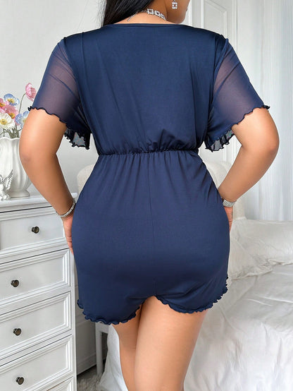 Curve  Plus Size Lace Contrast Mesh Jumpsuit Pajamas