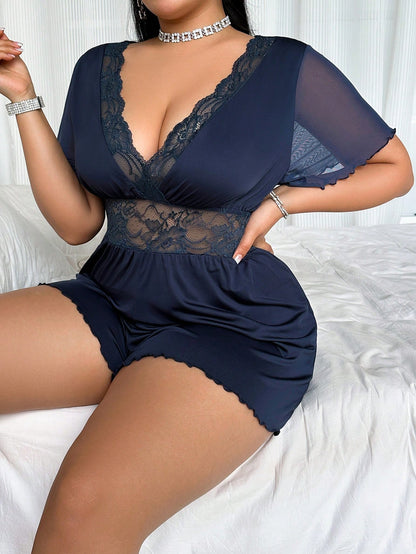 Curve  Plus Size Lace Contrast Mesh Jumpsuit Pajamas