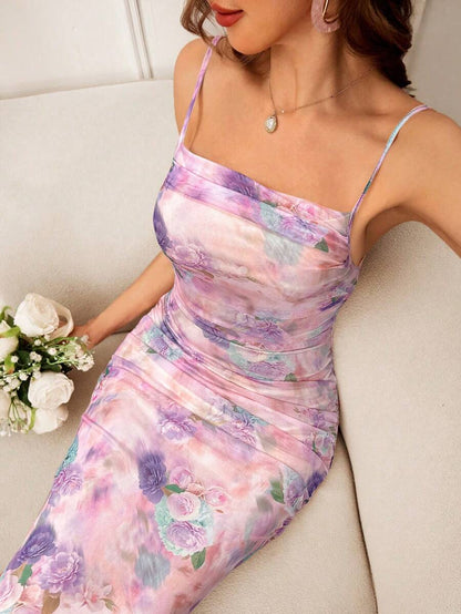 VCAY Woven Romantic Floral Print Cami Dress For Women, Mid-Length,Summer Dresses