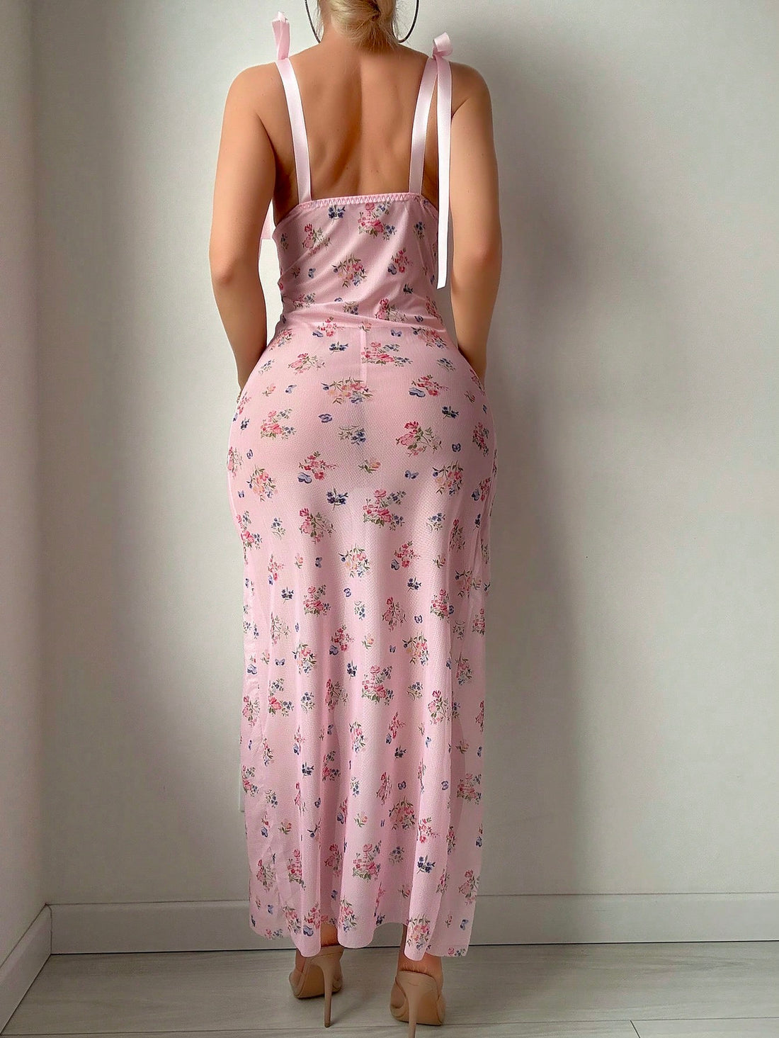 Snug Zone 2pcs/Set Women Sexy Mesh Nightgown  تول طويل مفتوح من الجانب