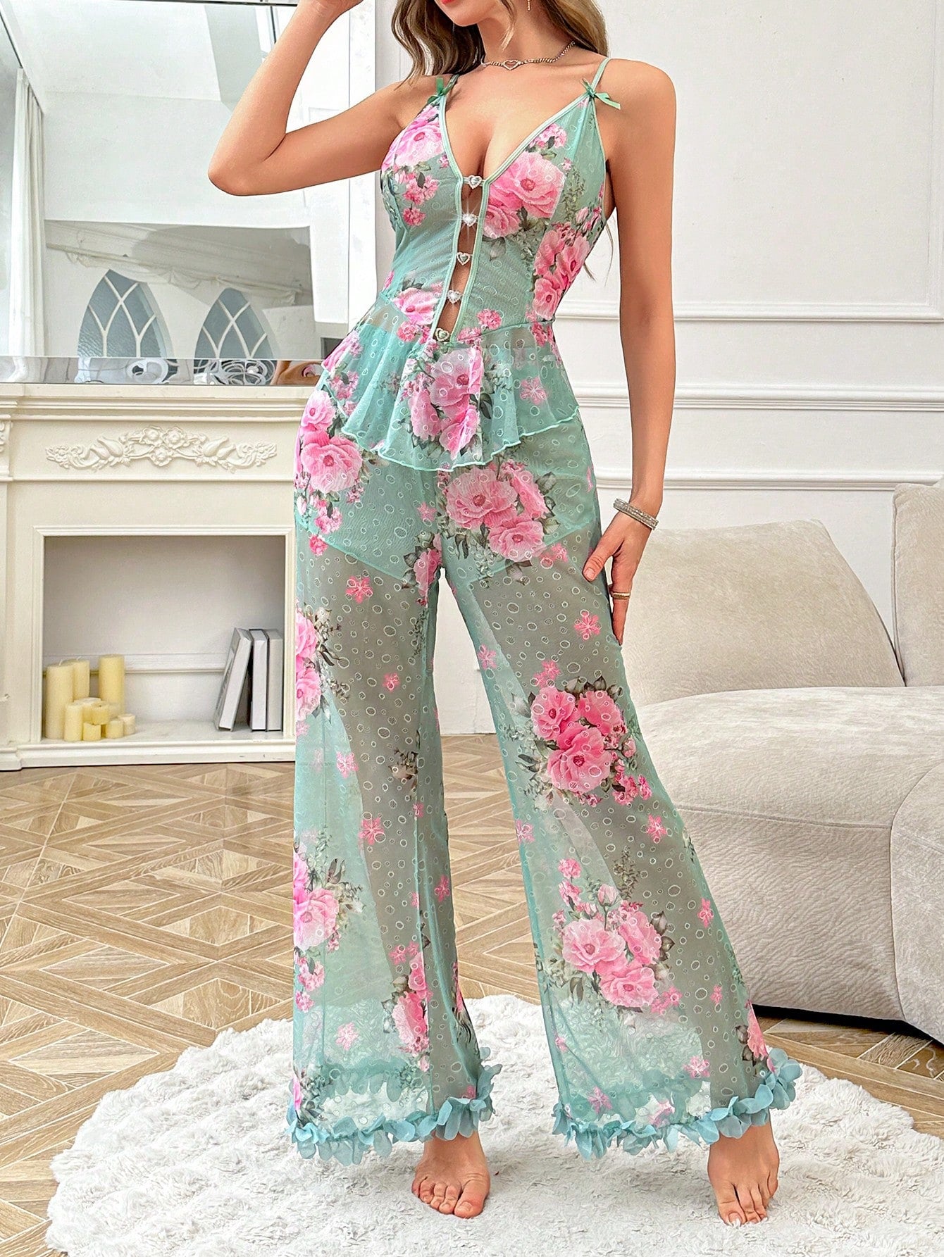 Slumberist Women's Floral Print Pleated Camisole Top And Pants Casual Loungewear Set
