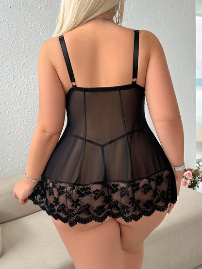 Curve Sexy Deep-V Lace Contrast Mesh Lingerie & G-String Panties