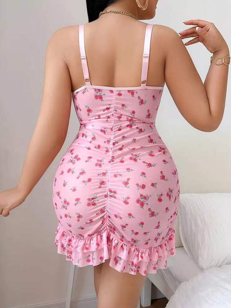 Mesh Floral Underwire Slit Pleated Fashion Lingerie Dress (cuvy)