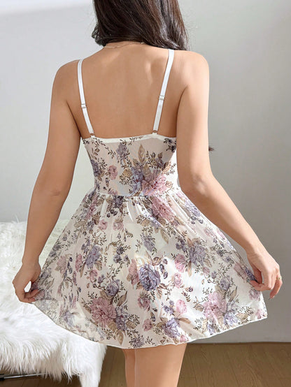 Sexy Floral Print Slip Dress With Bow Decor Bowknot تول قصير