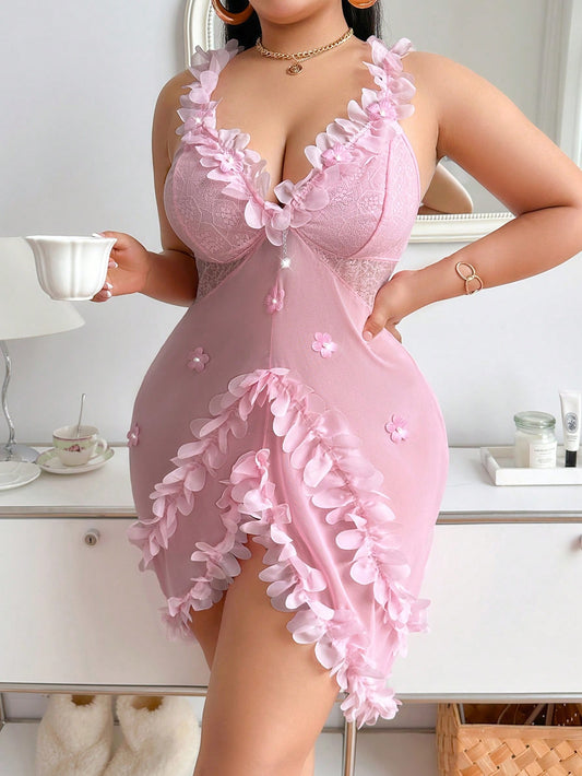 Curve Plus Size Sexy Nightgown With Ruffle Lace, Pearl Flower Pendant & Lace Mesh Splice