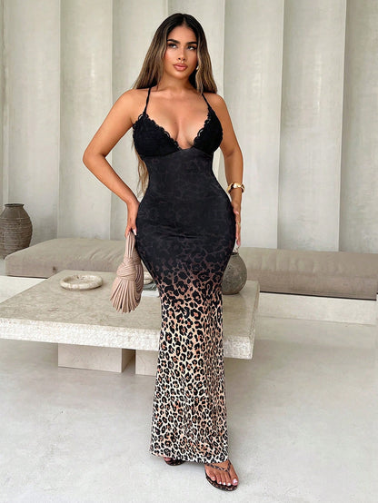 Contrast Lace Deep V-Neck Leopard Print Bodycon Maxi Slip Dress Cheetah Print Animal Print