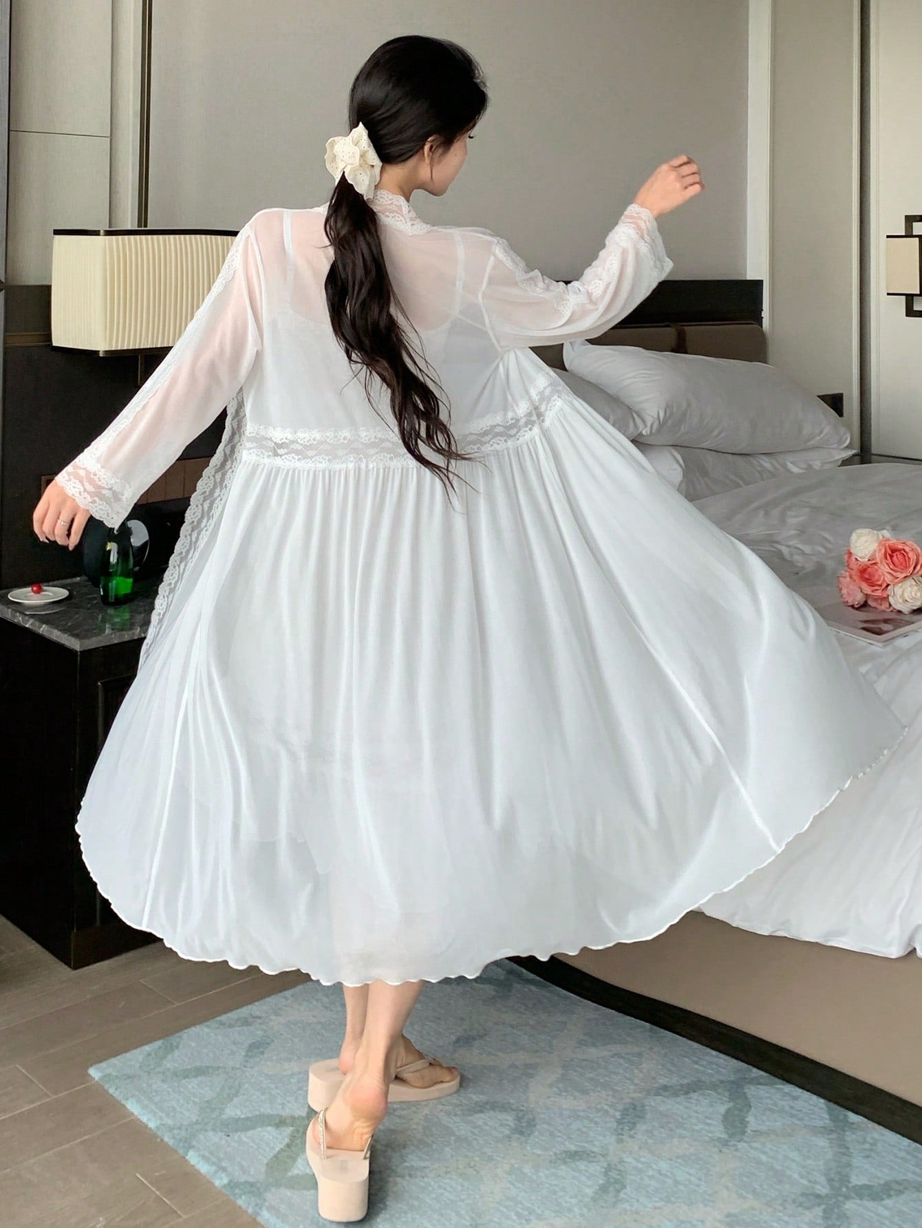 Romantic Mesh & Lace Patchwork Robe Set Sleepwear Set For Women قطم اول ليلة قطعتين