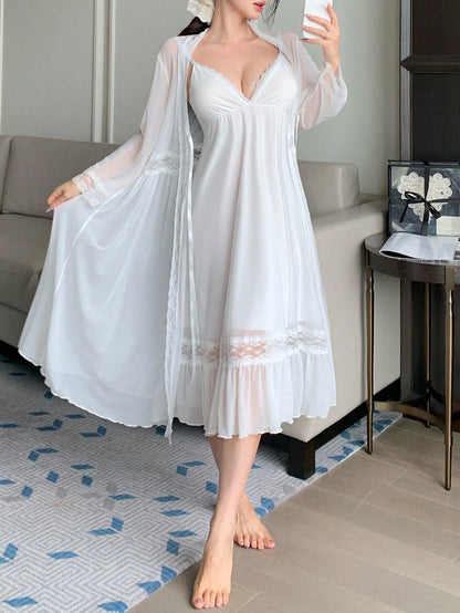 Romantic Mesh & Lace Patchwork Robe Set Sleepwear Set For Women قطم اول ليلة قطعتين