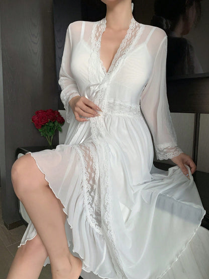 Romantic Mesh & Lace Patchwork Robe Set Sleepwear Set For Women قطم اول ليلة قطعتين