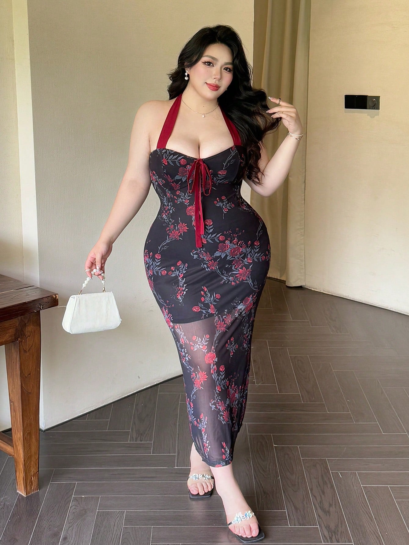 Floral Print Halter Tie-Front Sleeveless Midi Dress