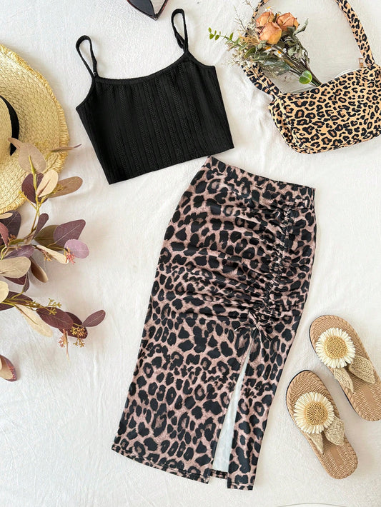 Cami Top And Pleated Leopard Print Bodycon Mini Skirt