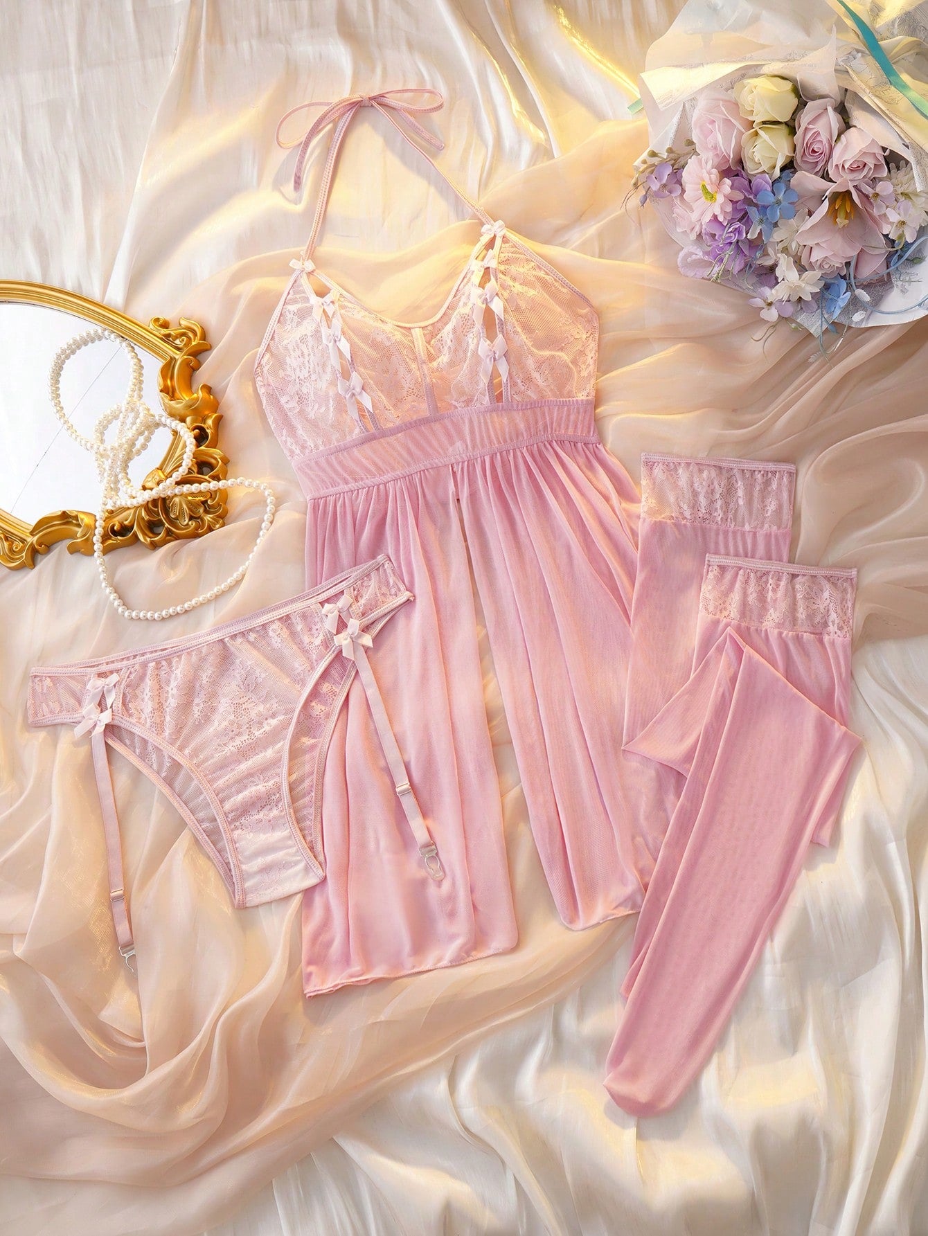 Lace Patchwork Backless Halter Sexy Babydoll  Dress