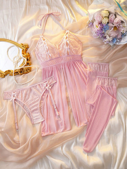 Lace Patchwork Backless Halter Sexy Babydoll  Dress