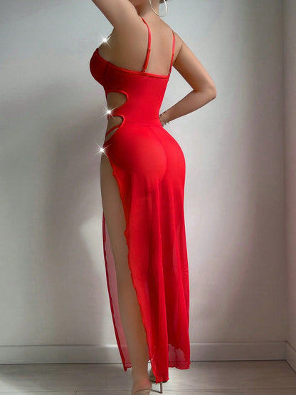 2pcs/Set Sexy Mesh Hollow-Out Asymmetrical Long Dress + G-String'