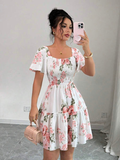 Elenzga Women Floral Print Sashes Ruffle Hem Short Sleeve Casual Dress, Vacation Style