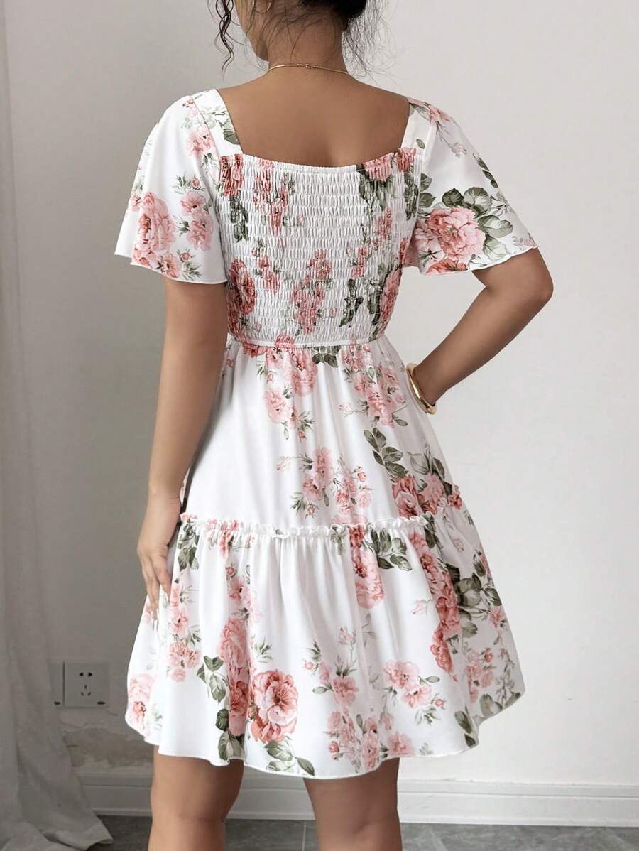 Elenzga Women Floral Print Sashes Ruffle Hem Short Sleeve Casual Dress, Vacation Style