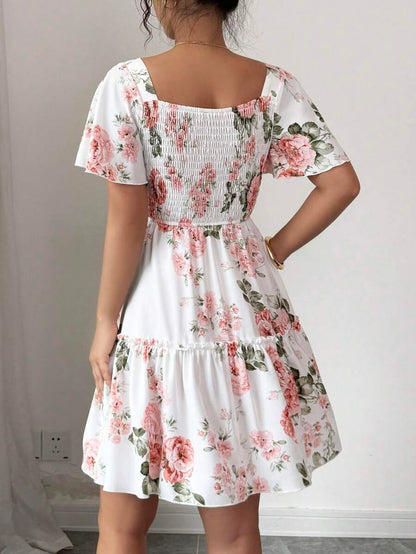 Elenzga Women Floral Print Sashes Ruffle Hem Short Sleeve Casual Dress, Vacation Style