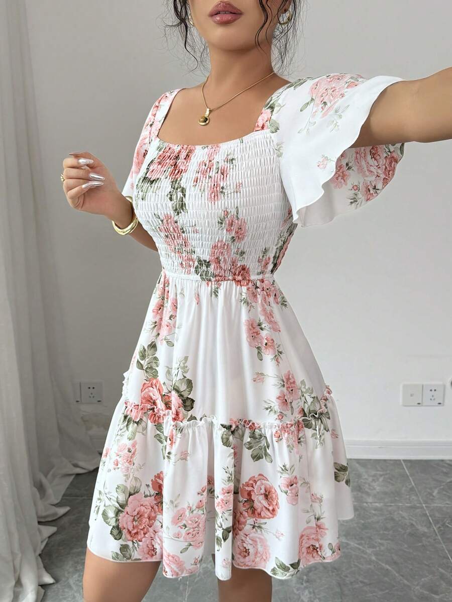 Elenzga Women Floral Print Sashes Ruffle Hem Short Sleeve Casual Dress, Vacation Style