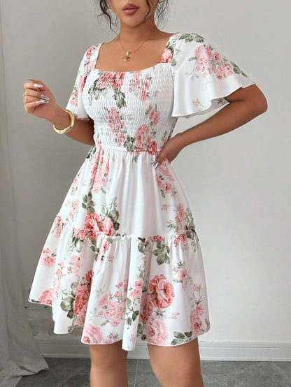 Elenzga Women Floral Print Sashes Ruffle Hem Short Sleeve Casual Dress, Vacation Style