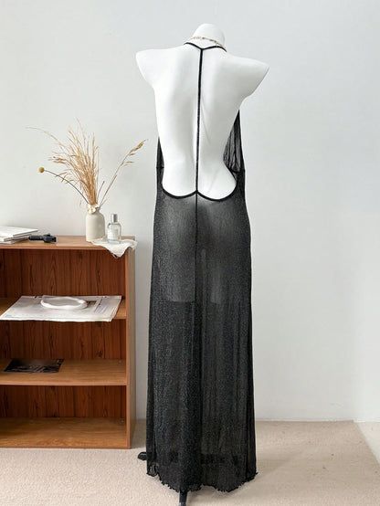 Mesh Sheer Long Camisole Lingerie شفاف لامع طويل قطعتين