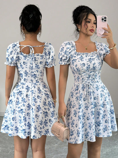 Rafferiza Women's Ditsy Floral Square Collar Puff Sleeve Waist Drawstring Ruffle Hem Midi Dress