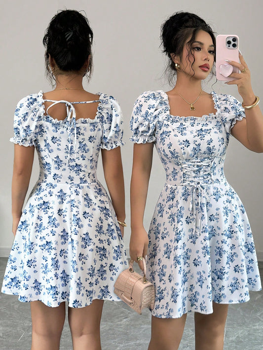 Rafferiza Women's Ditsy Floral Square Collar Puff Sleeve Waist Drawstring Ruffle Hem Midi Dress