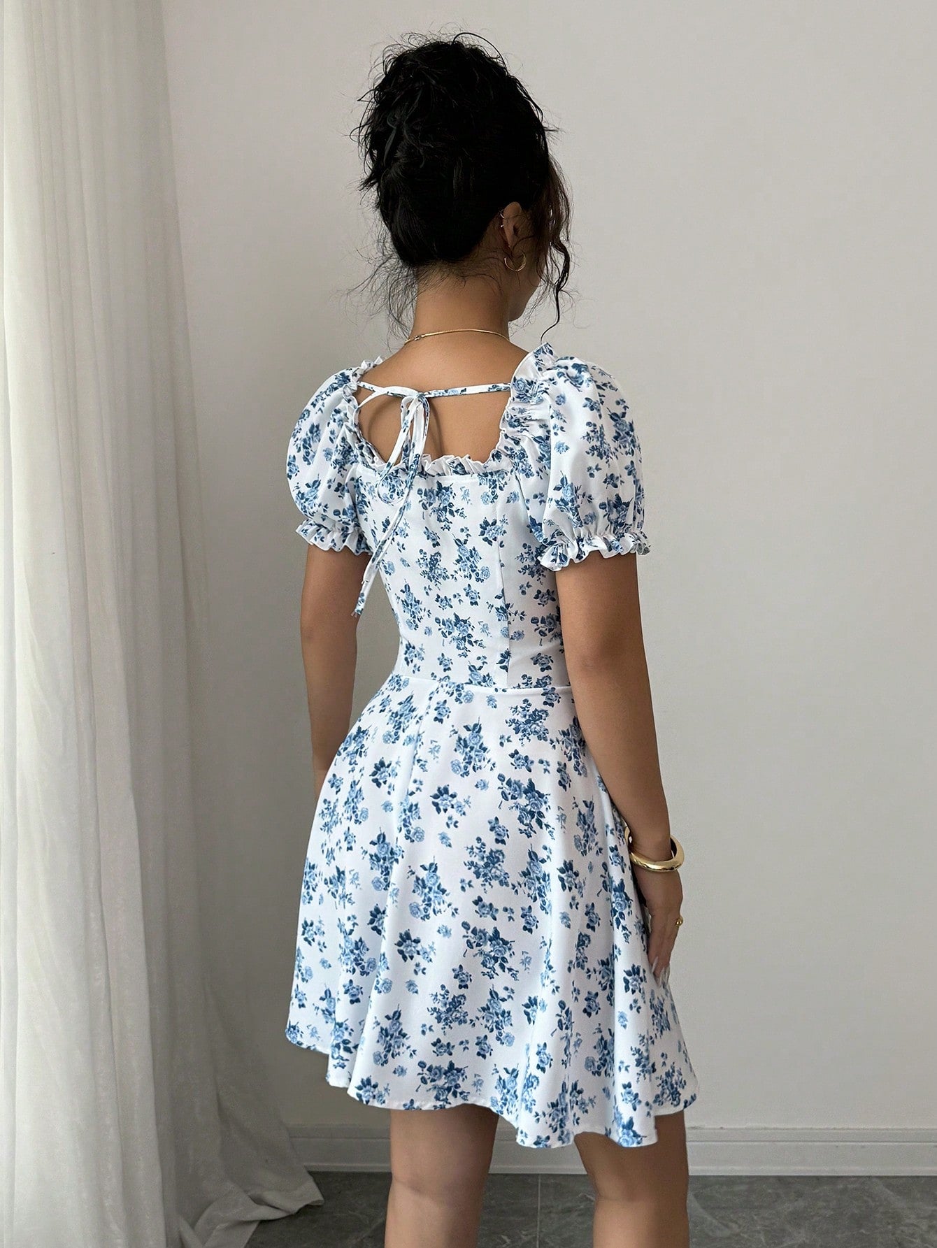 Rafferiza Women's Ditsy Floral Square Collar Puff Sleeve Waist Drawstring Ruffle Hem Midi Dress