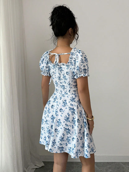 Rafferiza Women's Ditsy Floral Square Collar Puff Sleeve Waist Drawstring Ruffle Hem Midi Dress