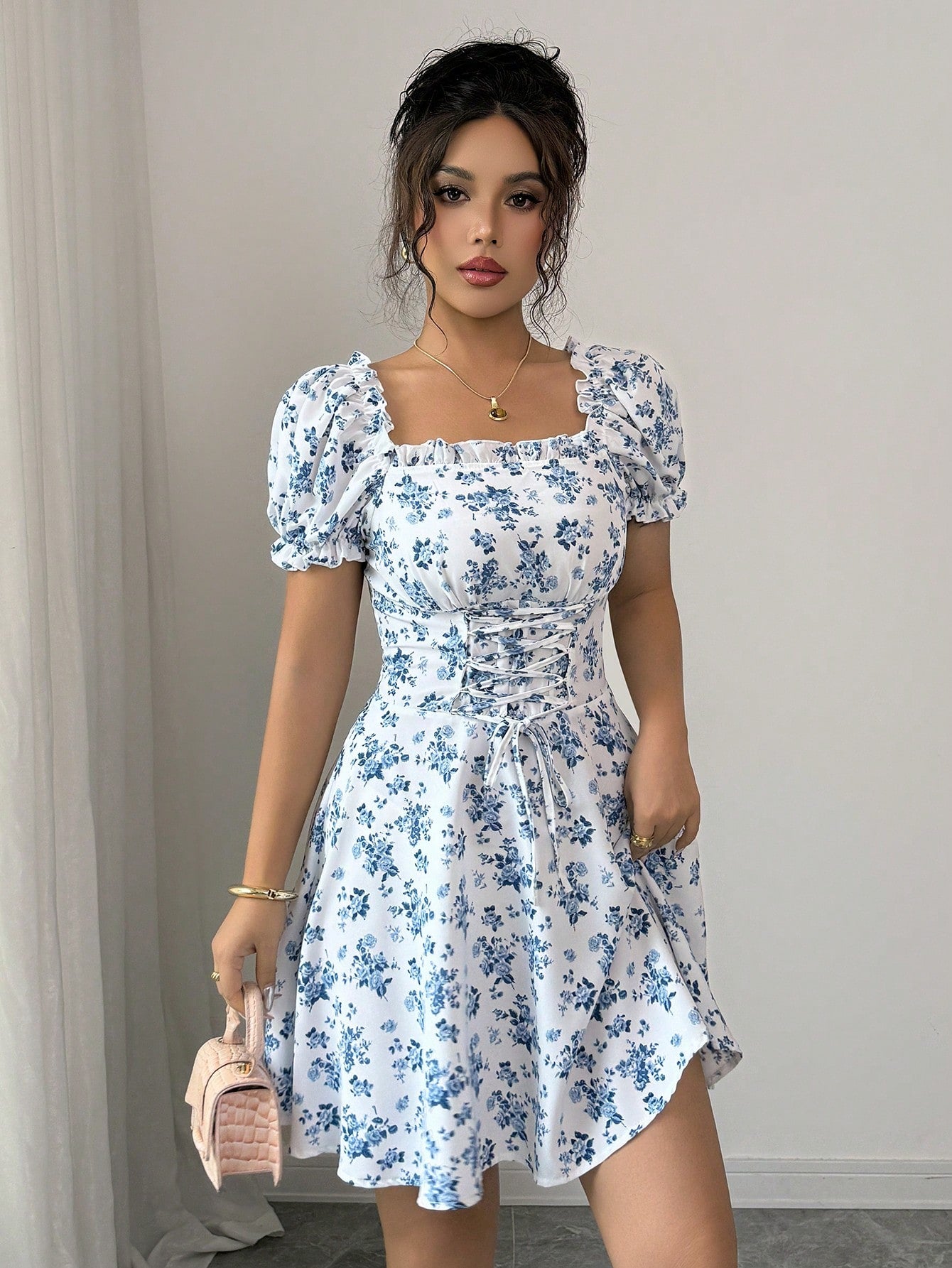 Rafferiza Women's Ditsy Floral Square Collar Puff Sleeve Waist Drawstring Ruffle Hem Midi Dress