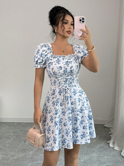 Rafferiza Women's Ditsy Floral Square Collar Puff Sleeve Waist Drawstring Ruffle Hem Midi Dress