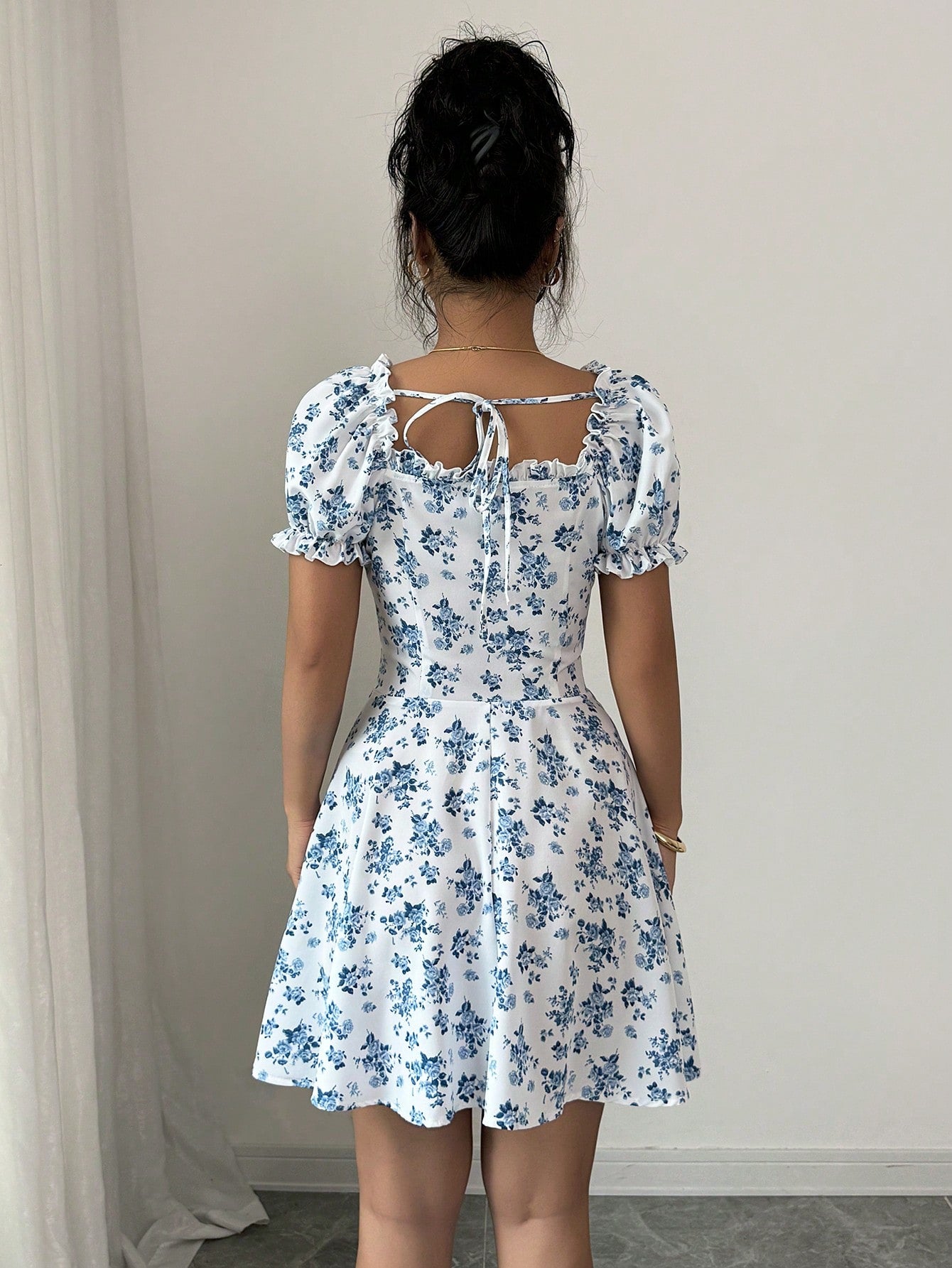 Rafferiza Women's Ditsy Floral Square Collar Puff Sleeve Waist Drawstring Ruffle Hem Midi Dress