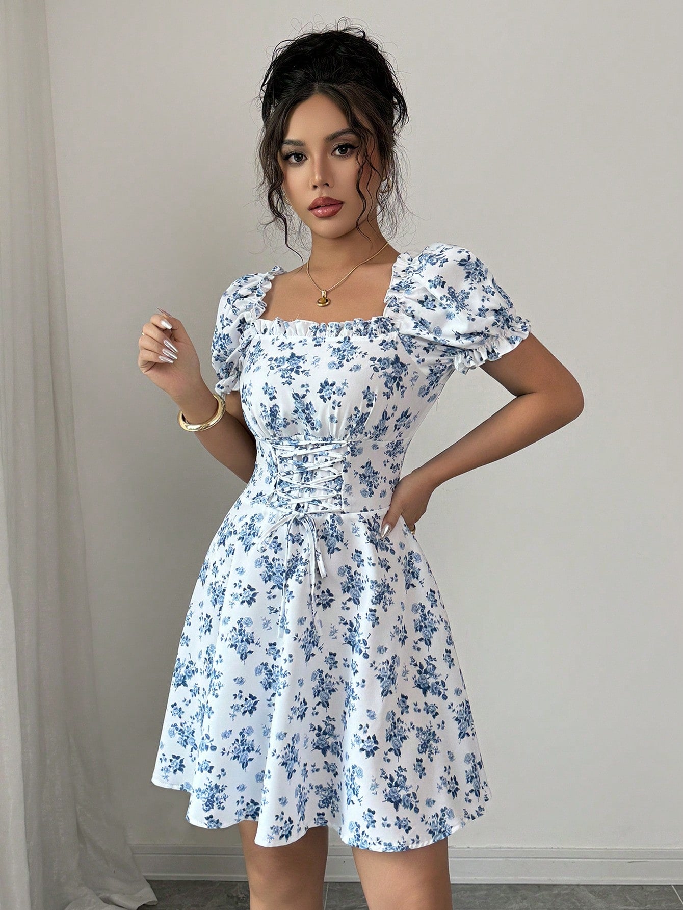 Rafferiza Women's Ditsy Floral Square Collar Puff Sleeve Waist Drawstring Ruffle Hem Midi Dress