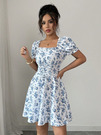 Rafferiza Women's Ditsy Floral Square Collar Puff Sleeve Waist Drawstring Ruffle Hem Midi Dress
